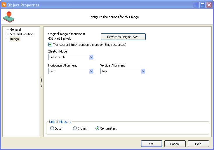 The object properties dialog. Image is selected from the tree on the left. On the right, you can set the stretch mode, toggle transparency, and set the horizontal and vertical alignment. 